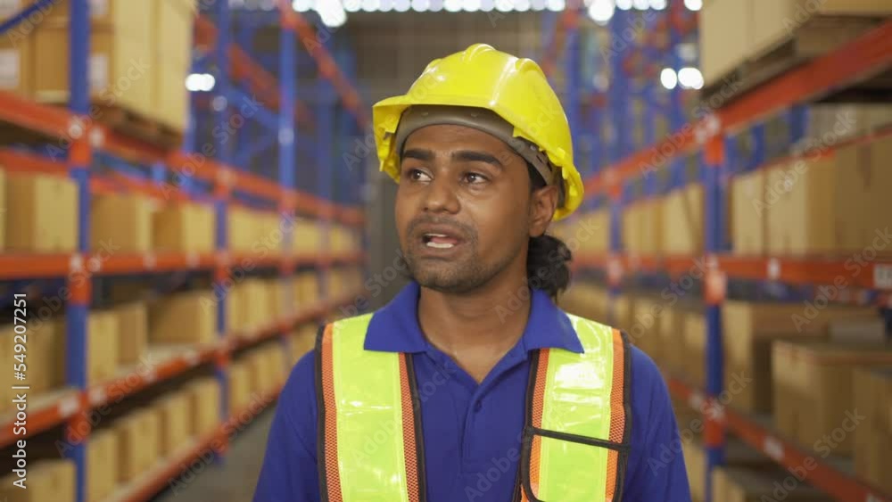 Portrait of Indian worker working in large warehouse retail store industry. Rack of stock storage. Interior of cargo in ecommerce and logistic concept. Depot. People lifestyle. Shipment service. Portrait of Indian worker working in large warehouse retail store industry. Rack of stock storage. Interior of cargo in ecommerce and logistic concept. Depot. People lifestyle. Shipment service.