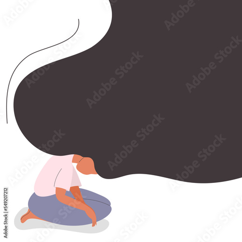 Sad lonely depressed woman with flying hair. A young unhappy girl sits with her hands down. Colorful vector illustration in flat cartoon style.