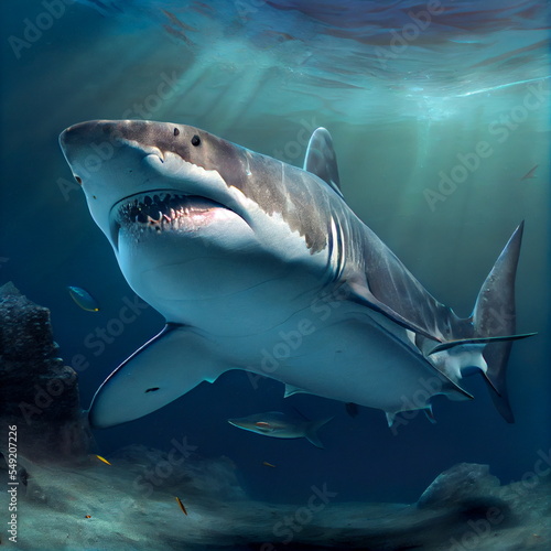 Obraz na plátně White shark underwater, photorealistic illustration generated by Ai