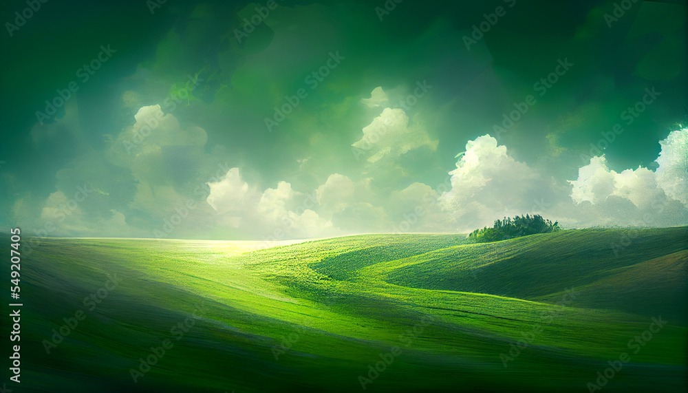 Abstraction in green. A green field, bushes are visible in the distance. There are white clouds in the dark sky. - obrazy, fototapety, plakaty 