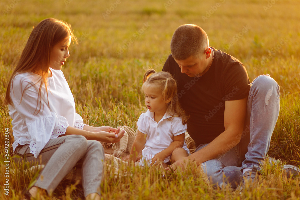 Happy family in a field in autumn. Mother, father and baby play in nature in the rays of sunset. Happy family in a field in autumn. Mother, father and baby play in nature in the rays of sunset.