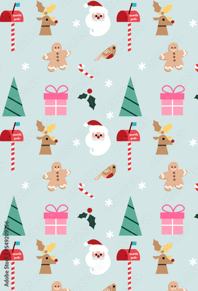 Christmas pattern with Santa Claus, ginderbread and deer on blue background.Beautiful christmas doodles seamless pattern