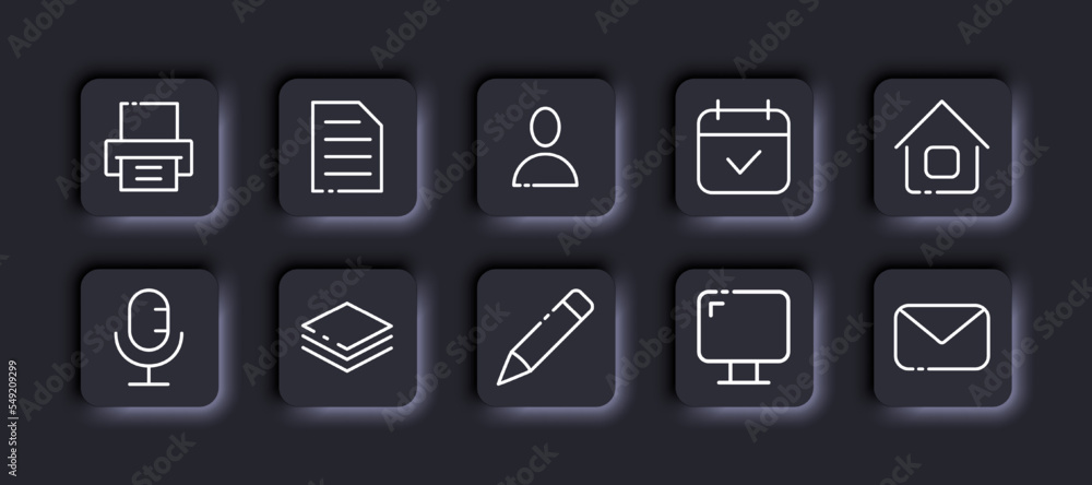 Working routine set icon. Printer, fax, print, document, employee, calendar, appointment, remote work, home, microphone, file manager, pencil, computer, email. Business concept. Neomorphism style Working routine set icon. Printer, fax, print, document, employee, calendar, appointment, remote work, home, microphone, file manager, pencil, computer, email. Business concept. Neomorphism style