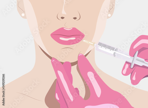 Cosmetologist does lip augmentation procedure of a beautiful woman. Cosmetology concept. vector image
