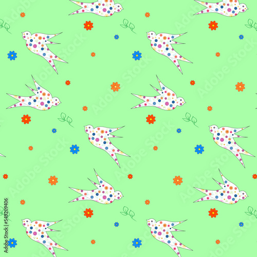 A simple children's pattern with flying swallows in a floral print. Vector seamless.