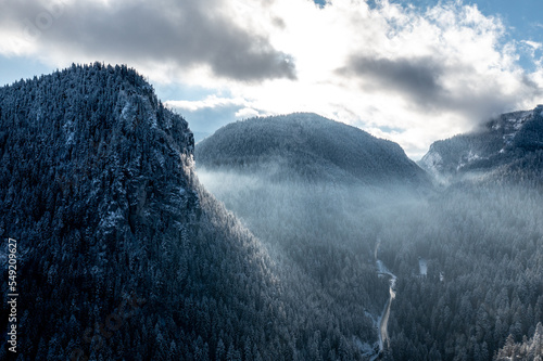 Carpathian, Romania, 2021-12-28. Romanian mountain illuminated by the sun with conifers under the snow.