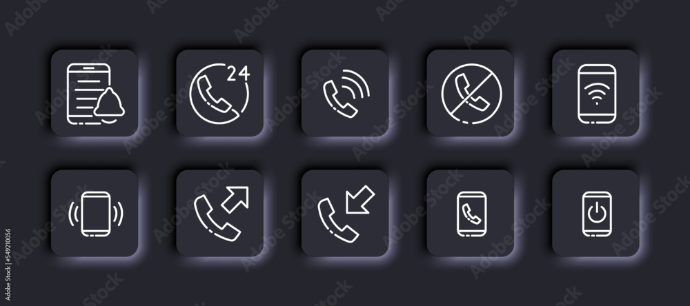 Business contacts set icon. Phone, notification, message, bell, 24 7, strikethrough phone, wifi, outgoing call, incoming, power button. Communication concept. Neomorphism style. Vector line icon Business contacts set icon. Phone, notification, message, bell, 24 7, strikethrough phone, wifi, outgoing call, incoming, power button. Communication concept. Neomorphism style. Vector line icon