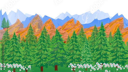 Landscape with the fir forest at the foot of the mountains. Vector illustration.