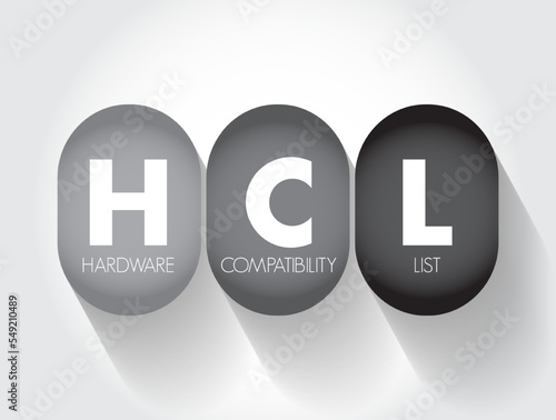 HCL - Hardware Compatibility List is a database of hardware models and their compatibility with a certain operating system, acronym technology concept background