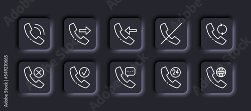 Contact us set icon. Landline phone, call, dial, outgoing, incoming, strikethrough, arrow, cross, tick, message, consultation, around the clock, planet. Business concept. Neomorphism. Vector line icon