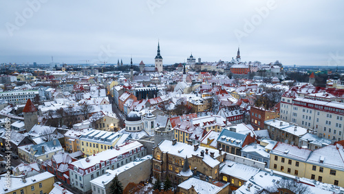 Christmas market at the Town Hall Square in Tallinn. Drone photo. Aerial view.