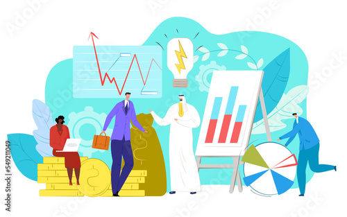 Arab business with arabic muslim people, vector illustration. Businessman person work at job, corporate teamwork concept.