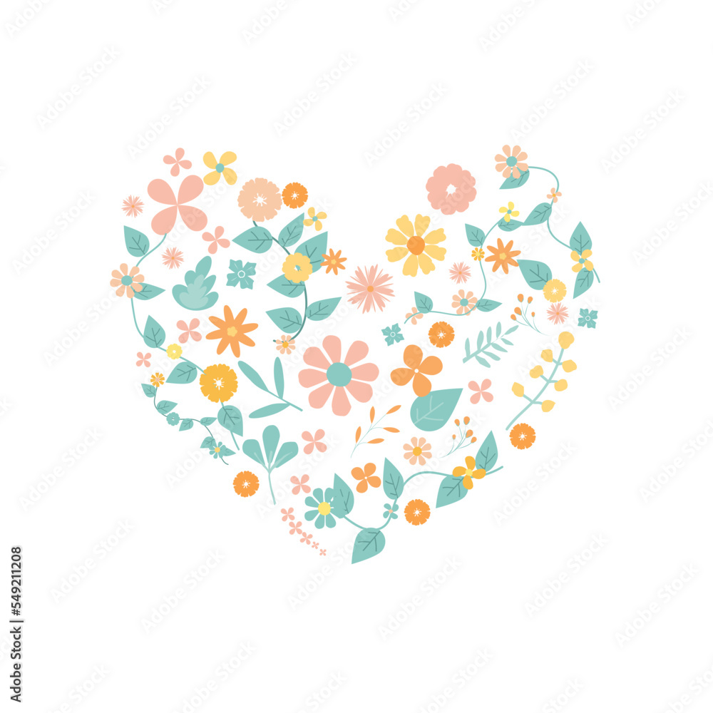 Pastel cute flower element in heart shape set for decoration of valentine or wedding card