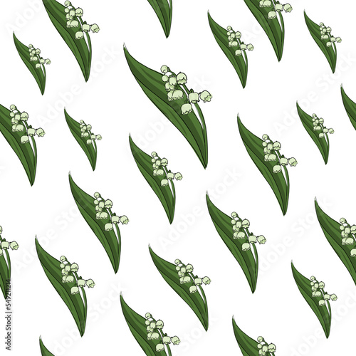 seamless pattern drawn lily of the valley flower with green leaves. cartoon sketch on a white background