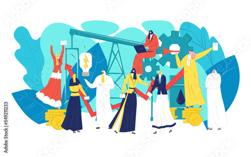 Oil arab business concept, vector illustration. Arabic businessman woman character at flat saudi, success people at industry.