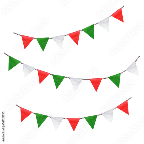 Cute, colorful garland with decorative holiday flags. Green, white and red. Italian flag. Watercolor illustration isolation on transparent.