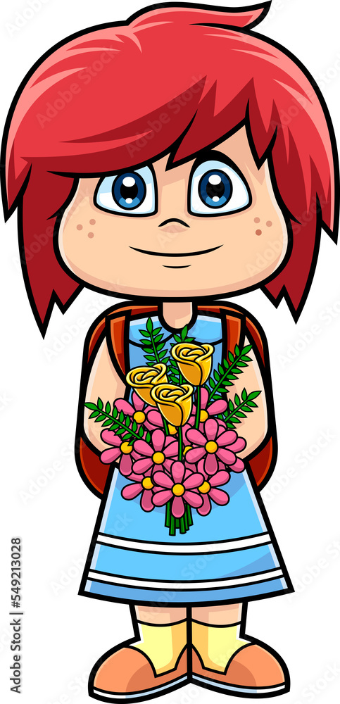 Cute School Girl Cartoon Character With Backpack Carrying A Bouquet Of Flowers. Hand Drawn Illustration Isolated On Transparent Background Cute School Girl Cartoon Character With Backpack Carrying A Bouquet Of Flowers. Hand Drawn Illustration Isolated On Transparent Background