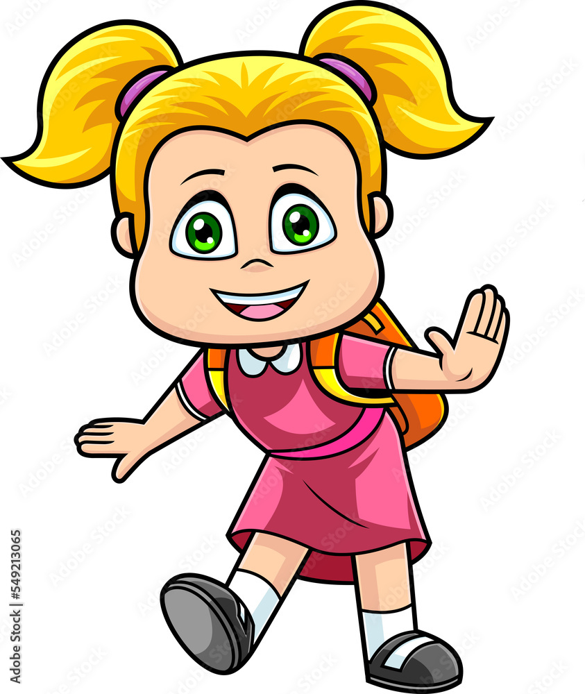 Happy School Girl Cartoon Character With Backpack. Hand Drawn Illustration Isolated On Transparent Background Happy School Girl Cartoon Character With Backpack. Hand Drawn Illustration Isolated On Transparent Background
