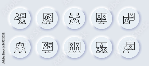 Working communication set icon. Director, manager, distribute tasks, subordinates, hierarchy, teamwork, online conference, phone computer, presentation. Bsuiness concept. Neomorphism. Vector line icon