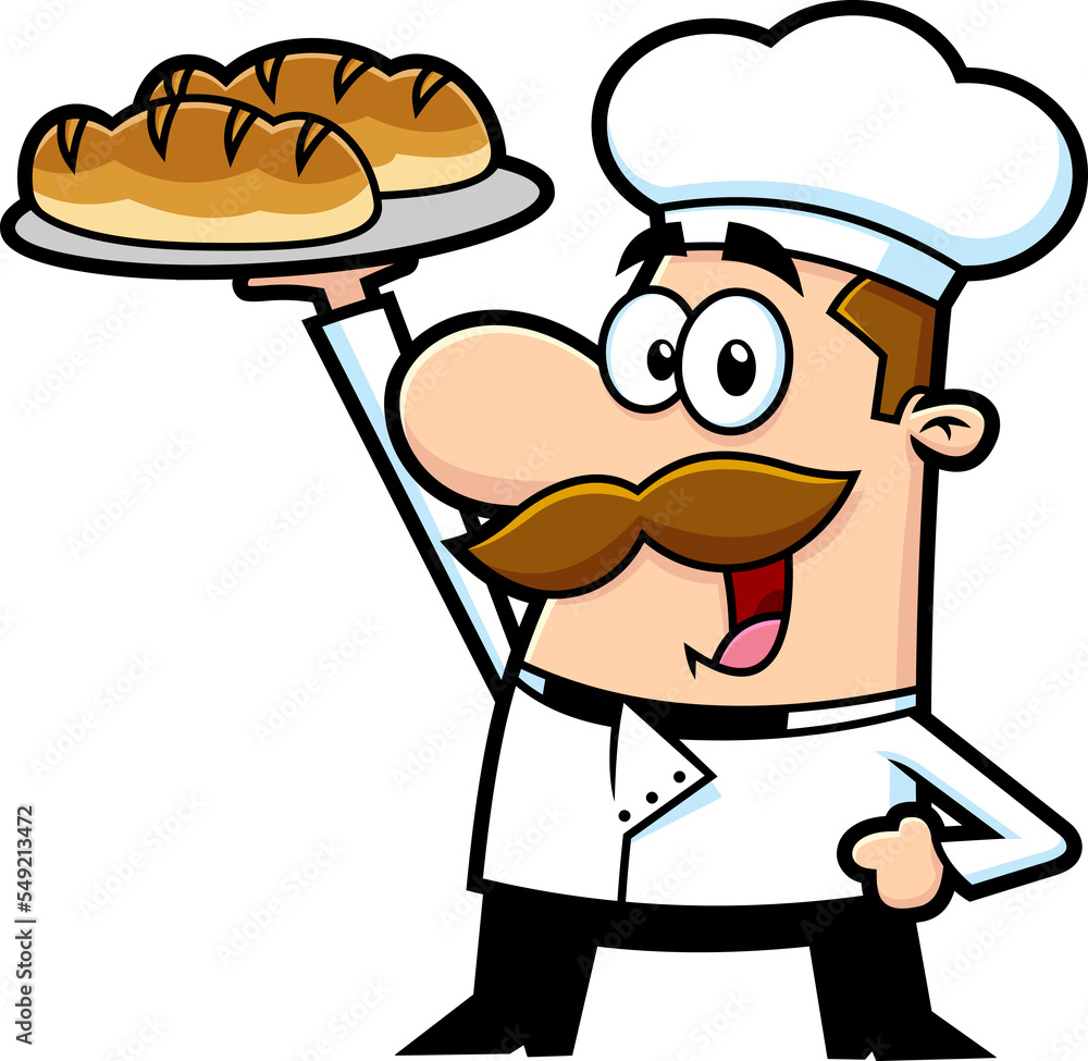 Baker Cartoon Character Holding A Bread. Hand Drawn Illustration Isolated On Transparent Background