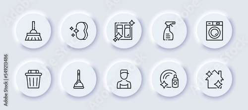Cleaning set icon. Broom, broom, sponge, wet cleaning, wipe dust, clean windows, shine, detergent, washing machine, trash can, worker, vacuum cleaner, wash dishes. Service concept. Neomorphism style
