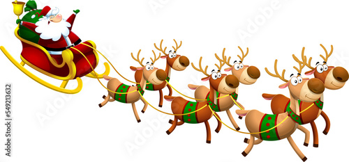Happy Santa Claus Cartoon Character A Reindeer Flying In A Sleigh. Hand Drawn Illustration Isolated On Transparent Background