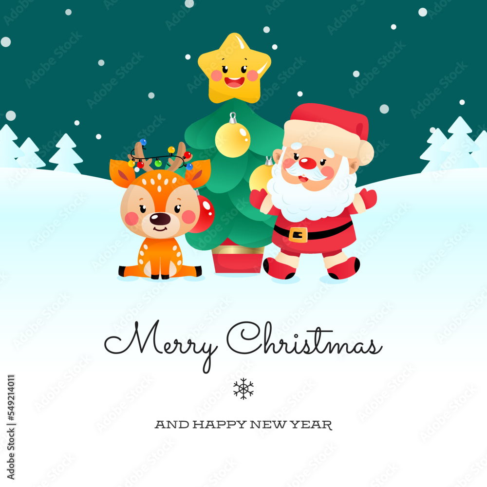 Merry Christmas card and Happy New Year. Winter holiday illustration of a Santa Claus, a little deer and a decorated fir tree on a background of a night winter landscape. Vector 10 EPS.