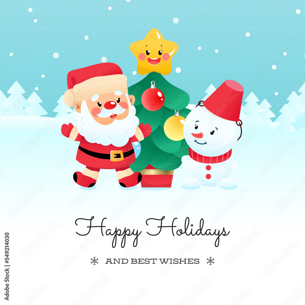 Happy Holidays and Best Wishes card template. Christmas illustration of a Santa Claus, a snowman and a decorated fir tree on a background of a winter landscape. Vector 10 EPS. Happy Holidays and Best Wishes card template. Christmas illustration of a Santa Claus, a snowman and a decorated fir tree on a background of a winter landscape. Vector 10 EPS.