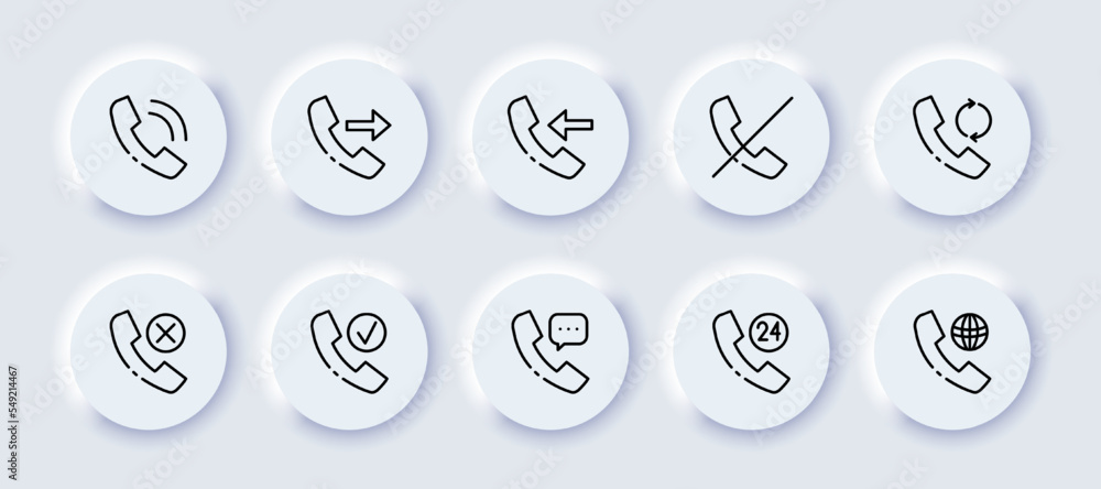 Contact us set icon. Landline phone, call, dial, outgoing, incoming, strikethrough, arrow, cross, tick, message, consultation, around the clock, planet. Business concept. Neomorphism. Vector line icon Contact us set icon. Landline phone, call, dial, outgoing, incoming, strikethrough, arrow, cross, tick, message, consultation, around the clock, planet. Business concept. Neomorphism. Vector line icon