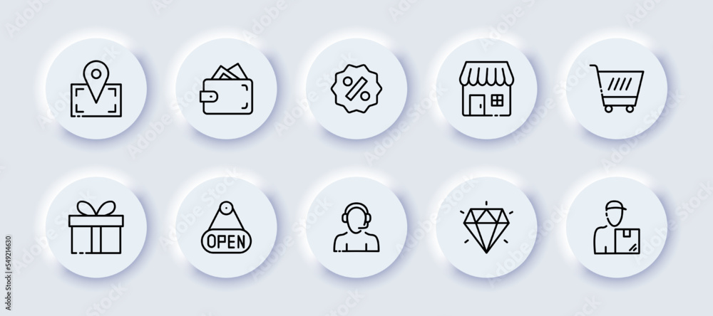 Shopping set icon. Location, pointer, shop, wallet, money, cart, gift, prize, open sign, consultant, operator, diamond, courier purchase. Sale concept. Neomorphism style. Vector line icon for Business