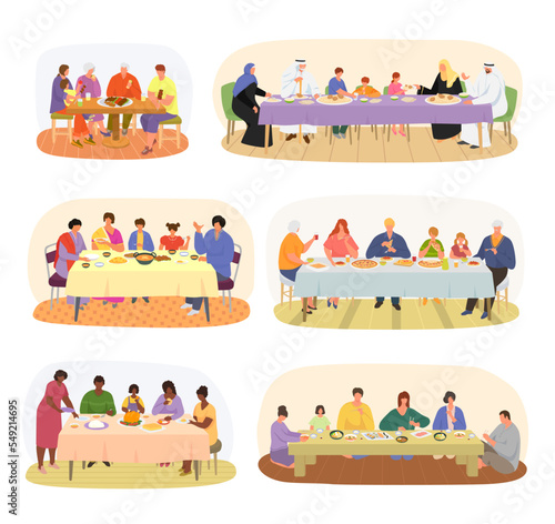Family dinner, different nationality families sitting at dining table set of vector illustration. Muslim, chinese, european family.