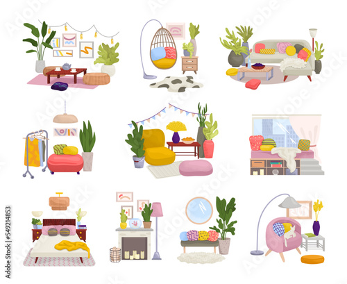 Hygge interiors collection with stylish comfy furniture and scandinavian home...