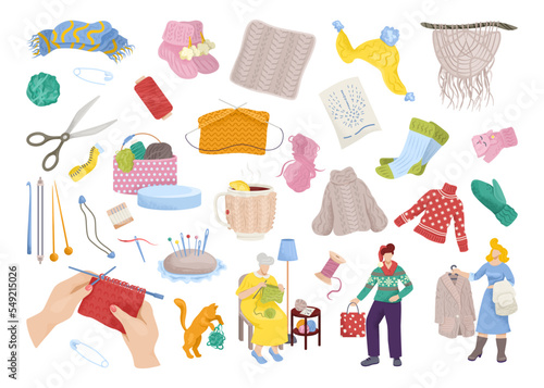 Knit clothes set of vector illustration. Winter knitted clothes set, cozy collection. Hat, sweater, grandmother with wool scarf knitting.