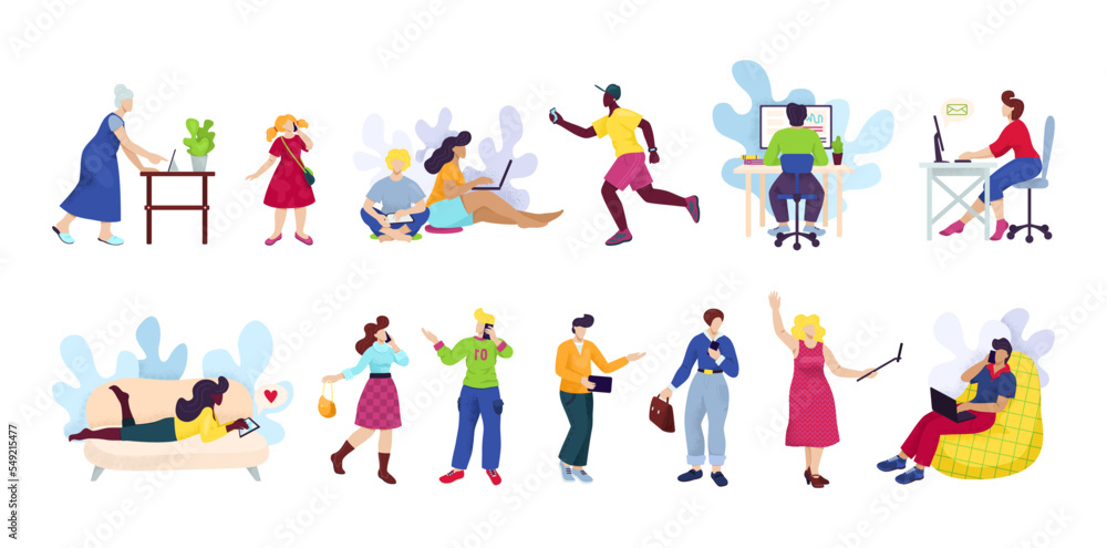 People with smartphones, digital devices set of cartoon vector illustration. Man and woman using technology gadget smart phone.