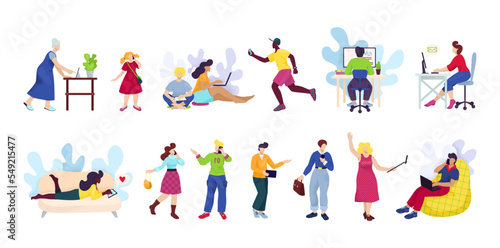 People with smartphones, digital devices set of cartoon vector illustration. Man and woman using technology gadget smart phone.