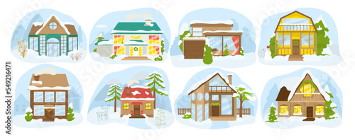 Winter country buildings, snow houses in village, cottages set of icons isola...