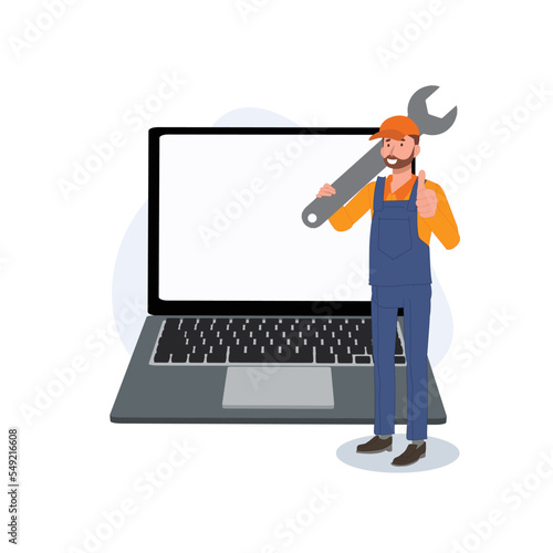 computer,laptop repair service concept. Huge laptop and happy technician man. Flat vector cartoon character illustration