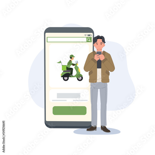 man ordering food from his smartphone. Online delivery concept. Flat vector cartoon character illustration.