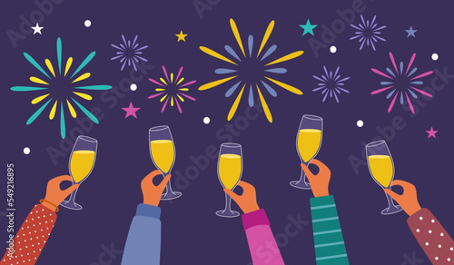 Champagne glasses toast celebration party in flat design. Wine drink.