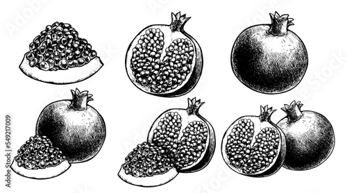 Hand drawn sketch style pomegranate set. Organic sweet fruit. Whole, halved with seeds pomegranates. Vector illustrations isolated on white background.
