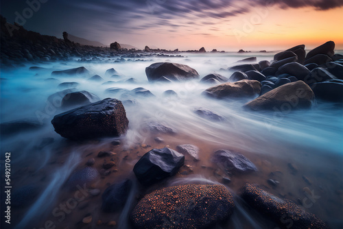 Mesmerizing beach sunset with flowing water around rocks, capturing nature's motion under a soft, glowing sky, ideal for peaceful themes