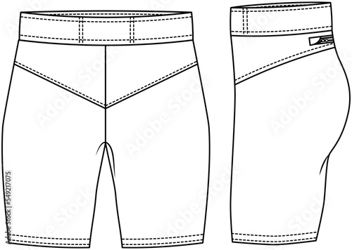  Compression Short, Cycling Short  Front and Side View. Fashion Illustration, Vector, CAD, Technical Drawing, Flat Drawing, Template, Mockup.	