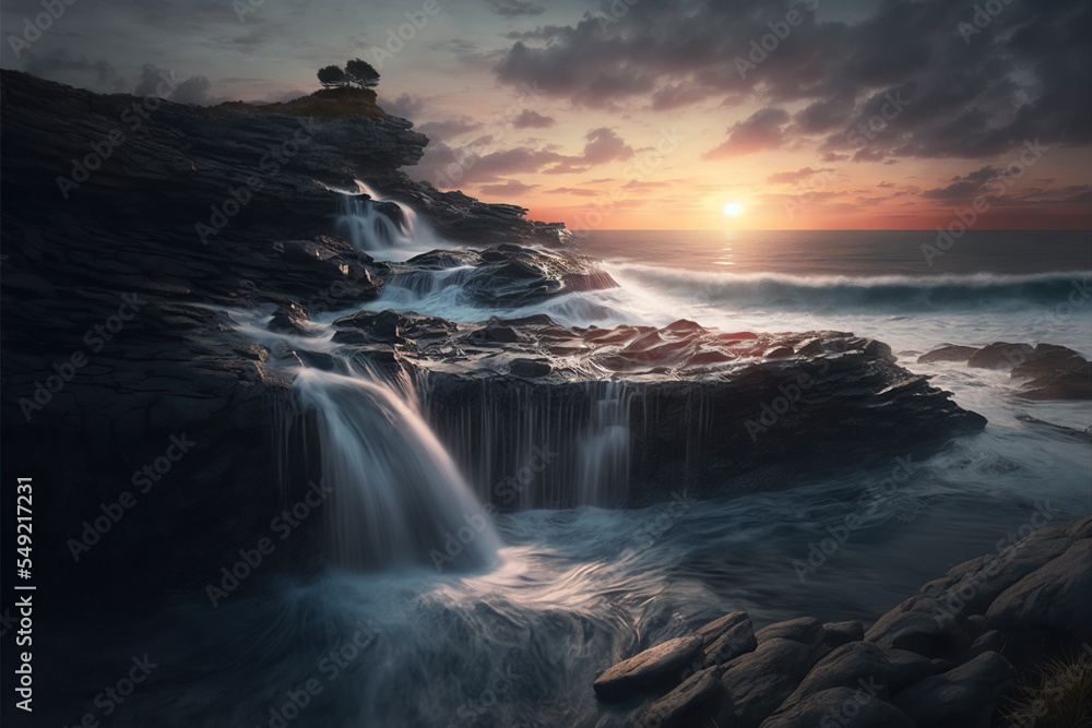 Water fall at sunset in a seascape view with Water falls at sunset in a seascape view with negative space of beautiful colored sky 