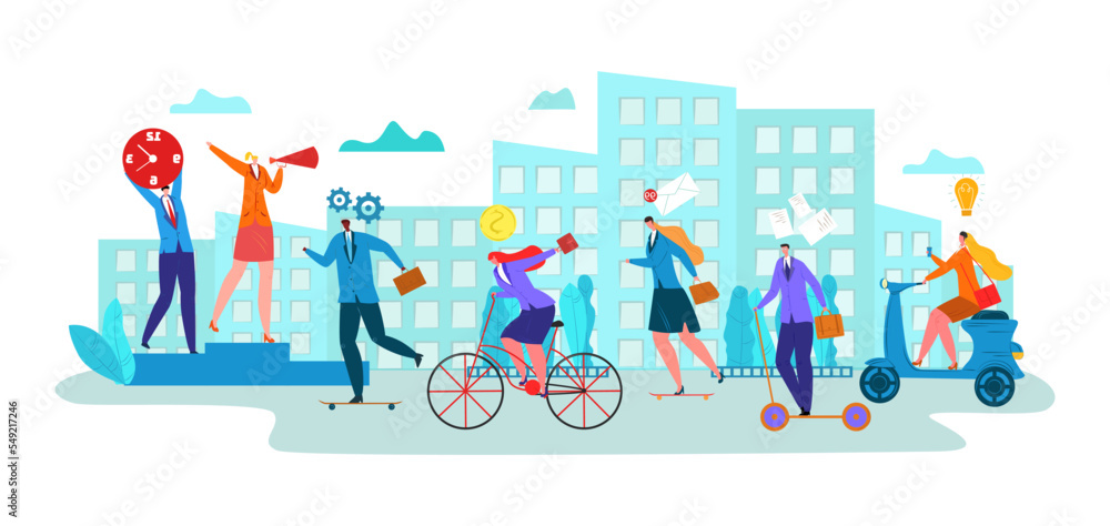 Business flat people character manager, cartoon transportation for work time management vector illustration. Business man woman at wheel transport