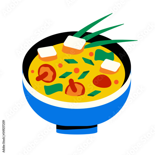 Asian food Miso soup. Japanese dish Miso shiro with nori, shiitake mushrooms and tofu in a blue bowl.