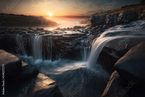 Water fall at sunset in a seascape view with Water falls at sunset in a seascape view with negative space of beautiful colored sky 