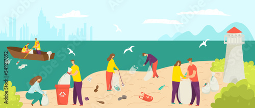 Fototapeta Naklejka Na Ścianę i Meble -  Garbage waste at beach, clean environment at shore vector illustration. Cartoon people pick up trash pollution at ocean shore.