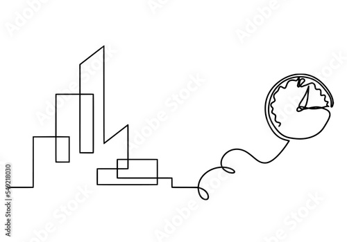 Abstract architecture with clock as continuous lines drawing on white background. Vector
