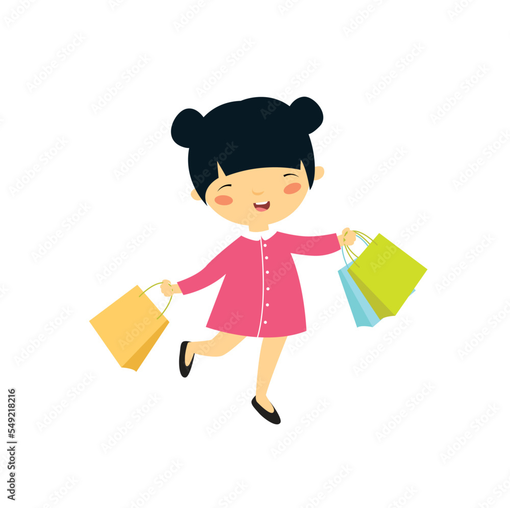 Shopping girl. Asian girl is shopping. Happy girl. Cartoon character. Japanese. Chinese