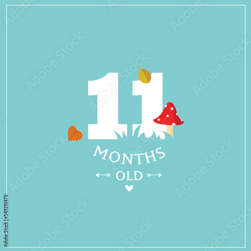 Print. Print. Cute vector card "I'm 11 months old".  Blue postcard for a photo of a child. First year of life. birthday	